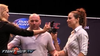 RONDA ROUSEY FLIPS OFF MIESHA TATE IN HEATED FIRST FACE OFF [upl. by Tess508]