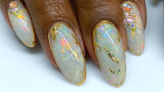 White Opal Gel Nail Tutorial  Made with REAL Opal  Gemstone Nail Art  Gold Leaf Nails [upl. by Cassella]