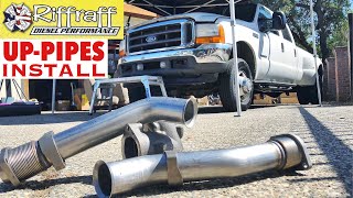 2001 F350 73  RiffRaff UpPipes Install  Stock up pipes leaking and falling apart JUNK SP [upl. by Kippie]