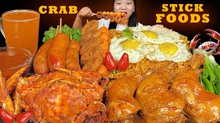 Stick Food Mukbang  Eating Super Spicy Noodles  Chicken Adobo  Fried Crab  Fish Ball  Sausages [upl. by Noe]